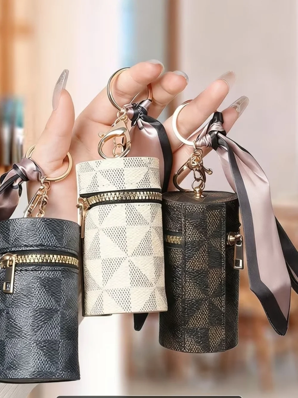 💎 Chic Lipstick Holder Bag Charm/Keychain🔑 with Pink Accent Scarf